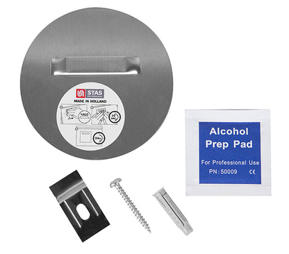 STAS dibond hanger zelfklevende haak - 90mm rond met sterke tesa® tape, geschikt voor diverse oppervlakken.