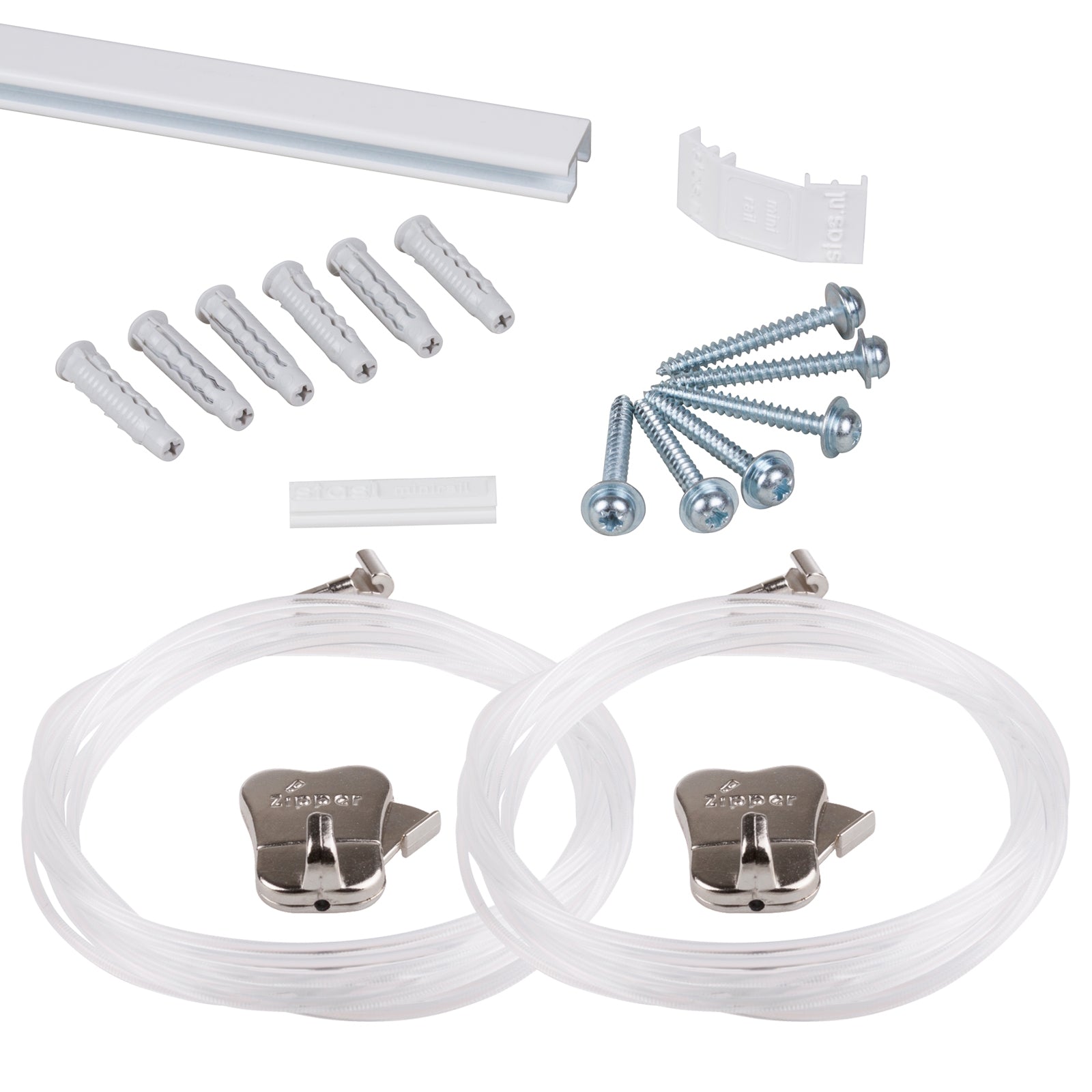 Complete set: STAS minirail 150cm - ophangsysteem met 2 perlon koorden en STAS zipper voor flexibele wanddecoratie.