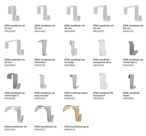 STAS wandhaak wit - diverse maten, ideaal voor scheidingswanden en wandpanelen.