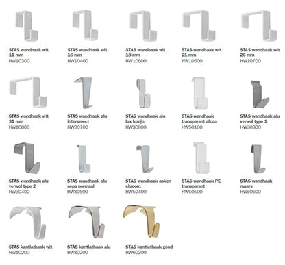 STAS wandhaak wit - diverse maten, ideaal voor scheidingswanden en wandpanelen.