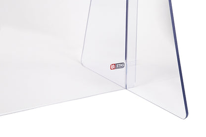 STAS plexiglas scherm - staand, met uitsparing heeft twee gaatjes bovenaan voor ophangen met STAS accessoires.
